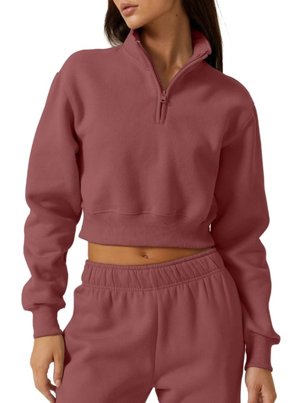 Women Dusty Rose Solid Fleece High Neck Half Zip Pullover Cropped Top Sweatshirt
